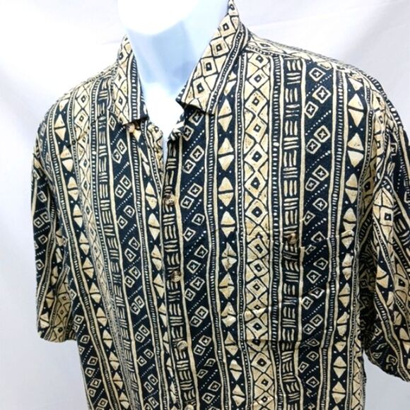 Vintage 90s TRIBES FROM LAND OF THE BRAVE Black Tan Geometric Men's L Shirt..... - Picture 5 of 9
